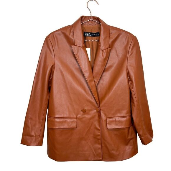 NWT Zara Faux Vegan Leather Oversized Boyfriend Brown Cognac Blazer Jacket - Picture 4 of 9